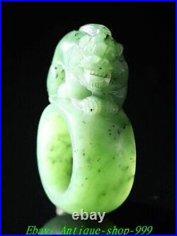 Chinese Dynasty Natural Green Jade Carve Dragon Pixiu Beast Ring Amulet Pendant