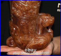 Chinese Dynasty Old Jade Carved Dragon Loong Beast Zun Wine Glass Tea Cup Statue