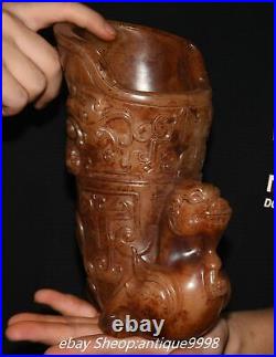 Chinese Dynasty Old Jade Carved Dragon Loong Beast Zun Wine Glass Tea Cup Statue