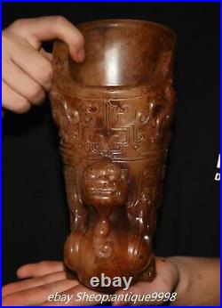 Chinese Dynasty Old Jade Carved Dragon Loong Beast Zun Wine Glass Tea Cup Statue