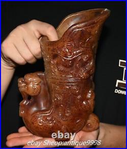 Chinese Dynasty Old Jade Carved Dragon Loong Beast Zun Wine Glass Tea Cup Statue