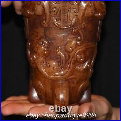 Chinese Dynasty Old Jade Carved Dragon Loong Beast Zun Wine Glass Tea Cup Statue