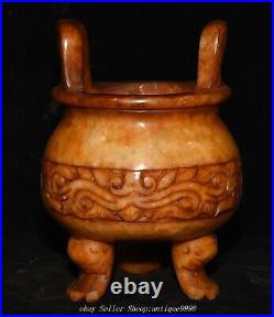 Chinese Dynasty Old Jade Dragon Beast Pattern Double Ears 3 Legs Incense Burner