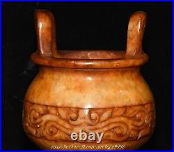 Chinese Dynasty Old Jade Dragon Beast Pattern Double Ears 3 Legs Incense Burner