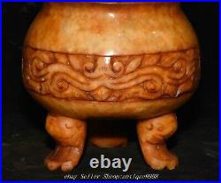 Chinese Dynasty Old Jade Dragon Beast Pattern Double Ears 3 Legs Incense Burner