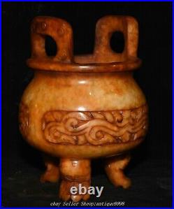 Chinese Dynasty Old Jade Dragon Beast Pattern Double Ears 3 Legs Incense Burner