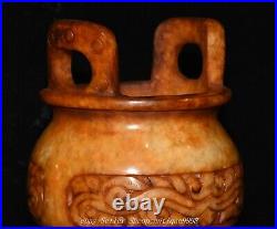 Chinese Dynasty Old Jade Dragon Beast Pattern Double Ears 3 Legs Incense Burner