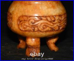 Chinese Dynasty Old Jade Dragon Beast Pattern Double Ears 3 Legs Incense Burner