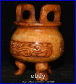 Chinese Dynasty Old Jade Dragon Beast Pattern Double Ears 3 Legs Incense Burner