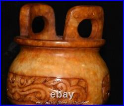 Chinese Dynasty Old Jade Dragon Beast Pattern Double Ears 3 Legs Incense Burner