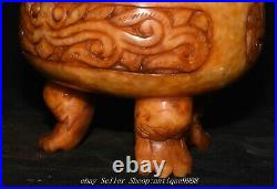 Chinese Dynasty Old Jade Dragon Beast Pattern Double Ears 3 Legs Incense Burner