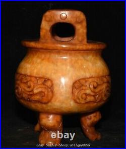 Chinese Dynasty Old Jade Dragon Beast Pattern Double Ears 3 Legs Incense Burner