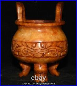 Chinese Dynasty Old Jade Dragon Beast Pattern Double Ears 3 Legs Incense Burner