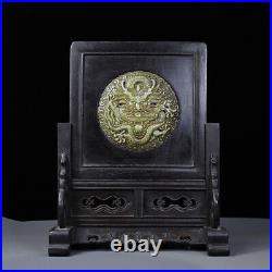 Chinese Ebony wood Inlaid Jade Handcarved Exquisite Dragon Screen Ornament 15774