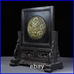 Chinese Ebony wood Inlaid Jade Handcarved Exquisite Dragon Screen Ornament 15774