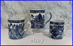 Chinese Export Porcelain 3 Blue Canton Mugs Dragon Handle Qianlong Qing dynasty