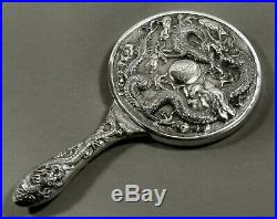 Chinese Export Silver Dragon Mirror c1890 HAND DECORATED