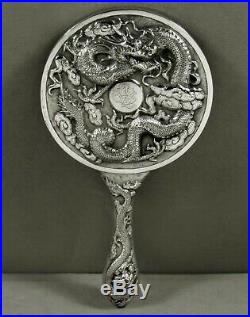 Chinese Export Silver Dragon Mirror c1890 HAND DECORATED