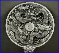 Chinese Export Silver Dragon Mirror c1890 HAND DECORATED