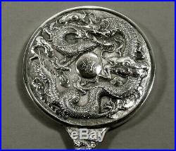 Chinese Export Silver Dragon Mirror c1890 HAND DECORATED