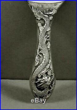 Chinese Export Silver Dragon Mirror c1890 HAND DECORATED