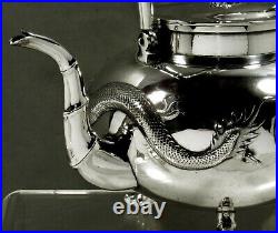 Chinese Export Silver Tea Kettle & Stand c1890 KMS DRAGONS