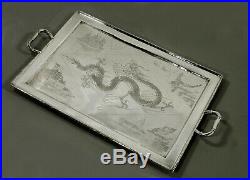 Chinese Export Silver Tea Set Tray Dragon & Castle 82 Oz