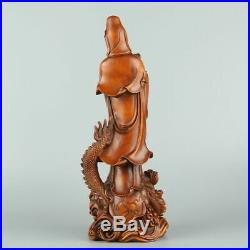 Chinese Exquisite Hand carved Guanyin Dragon carving Boxwood statue