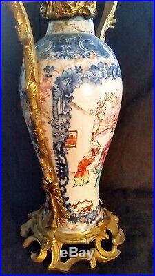 Chinese Famille Rose vase lamp with gilt bronze mounts, dragons, 18c figures