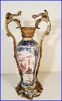 Chinese Famille Rose vase lamp with gilt bronze mounts, dragons, 18c figures