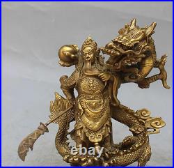Chinese Fengshui Bronze Guan Gong Yu Warrior God Sword Stand on Dragon Statue