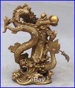 Chinese Fengshui Bronze Guan Gong Yu Warrior God Sword Stand on Dragon Statue