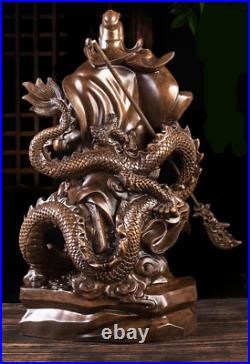 Chinese Fengshui Fighting Warrior GuanGong Yu God Stand On Dragon Resin Statue