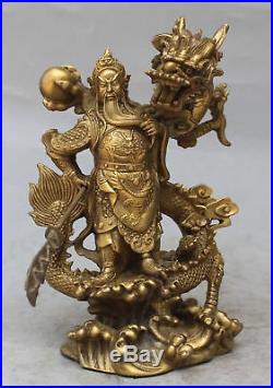 Chinese Fengshui brass Guan Gong Yu Warrior God Sword Stand in Dragon Statue