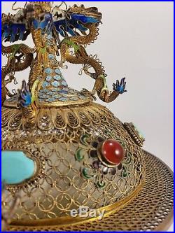 Chinese Gilt Silver Filigree & Jade Enameled Censer Turquoise Carnelian Dragons
