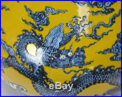 Chinese Glazed Yellow Ground Blue and White Dragon Chestnut Body Porcelain Vase