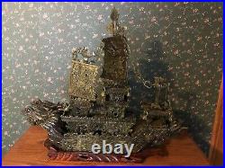 Chinese Hand Carved Jade Double Dragon Boat With Wooden Stand 24 Long 22 Tall