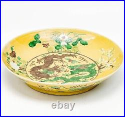 Chinese Hand Painted Yellow Porcelain 10.25 inch Bowl with Dragons