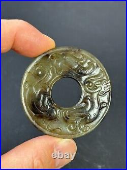 Chinese Jade Disc Bi Carving Dragon&Phoenix ornament jade circle pendant