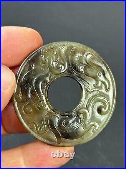 Chinese Jade Disc Bi Carving Dragon&Phoenix ornament jade circle pendant