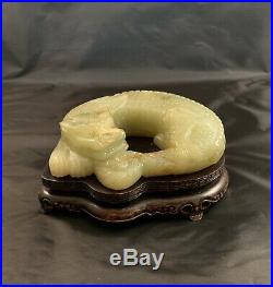 Chinese Jade Dragon Laying Dragon with Original Wooden Stand