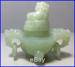 Chinese Jade Dragon Lion Statue Incense Burner 4 Hand Carved Pale Green Jade