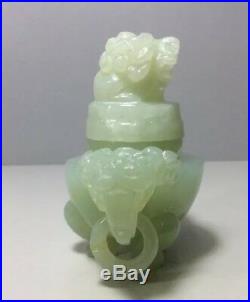 Chinese Jade Dragon Lion Statue Incense Burner 4 Hand Carved Pale Green Jade