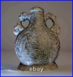 Chinese Jade Flask Vase Hetian Nephrite Bottle 9.5 dragon handles