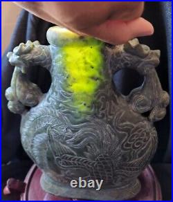 Chinese Jade Flask Vase Hetian Nephrite Bottle 9.5 dragon handles