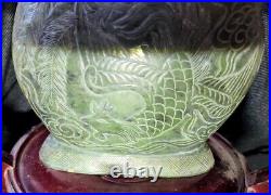 Chinese Jade Flask Vase Hetian Nephrite Bottle 9.5 dragon handles