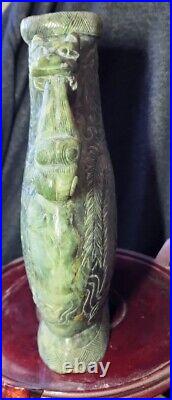 Chinese Jade Flask Vase Hetian Nephrite Bottle 9.5 dragon handles