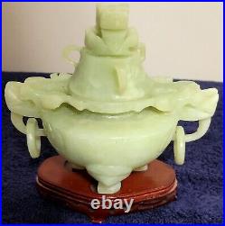 Chinese Jade Urn, Vessel, Dragon Carved Design on Wooden Base