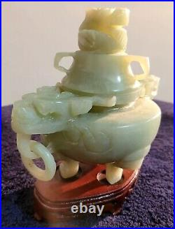 Chinese Jade Urn, Vessel, Dragon Carved Design on Wooden Base