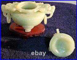 Chinese Jade Urn, Vessel, Dragon Carved Design on Wooden Base